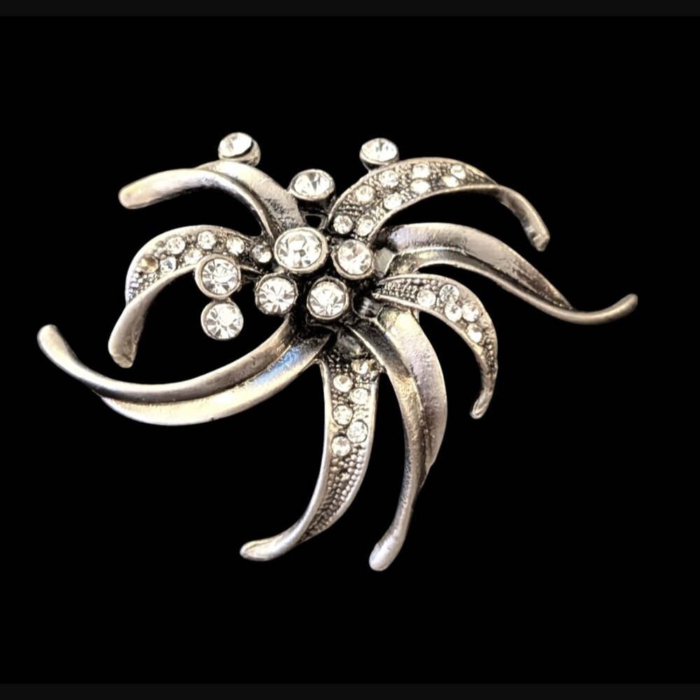 Vintage Rhinestone Silver Tone Cymbidium Orchids Brooch Pin